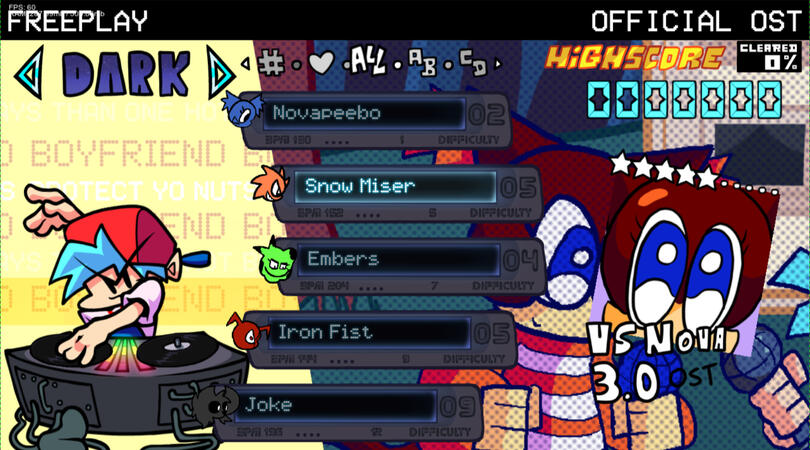 Screenshot of the Freeplay Menu, selecting Dark Mode as a difficulty, with Novapeebo, Embers, Snow Miser, Iron Fist and Joke on screen. boyfriend is also at the DJ table from Base game